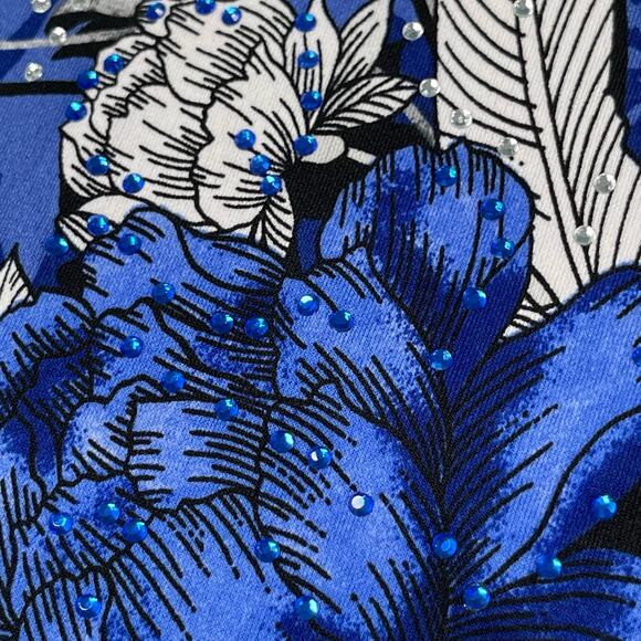 JM Collection Top Women Plus 2X Blue Kona Bloom Floral Rhinestones Sheer Sleeves - Picture 5 of 15